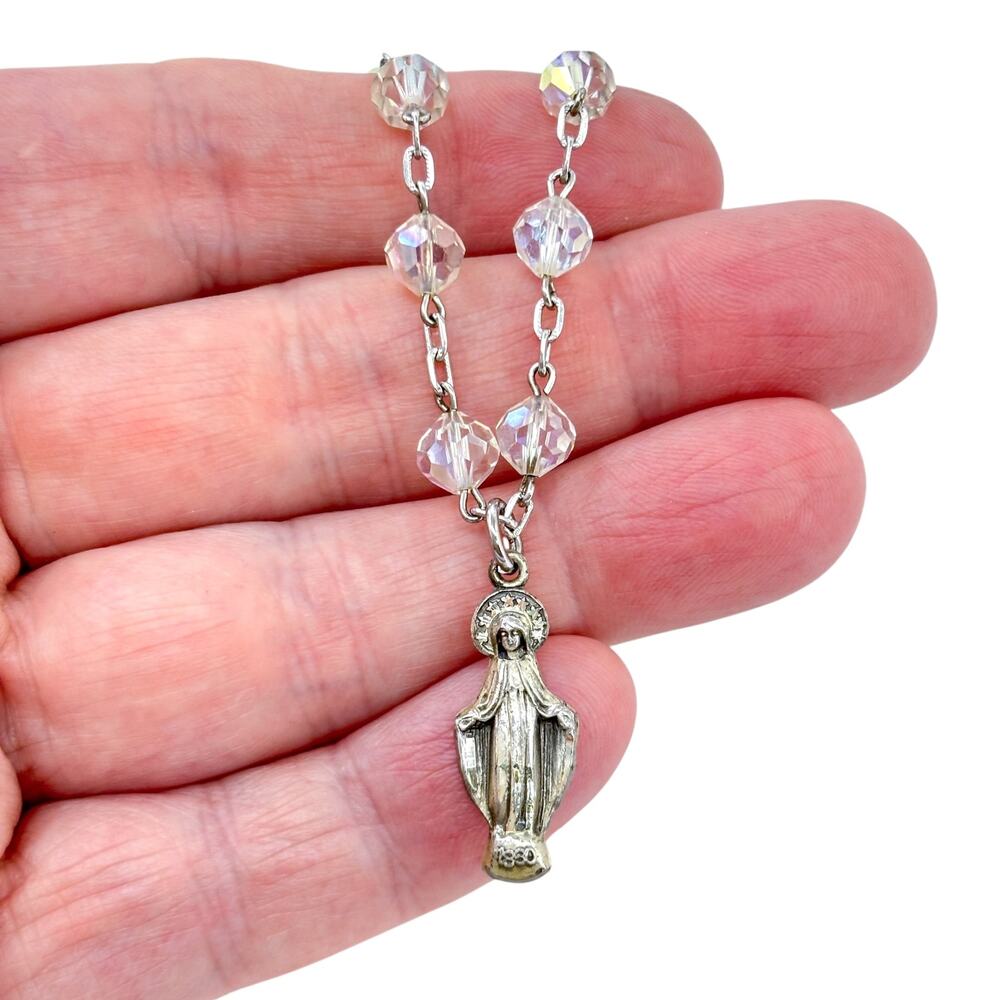 Vintage Sterling Silver 925 Crystal Rosary Necklace 17"
